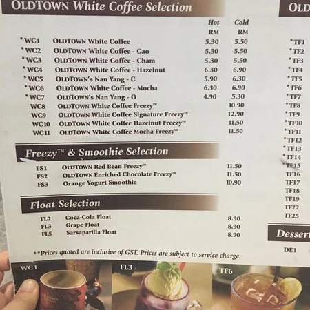 OLDTOWN WHITE COFFEE MENU SINGAPORE